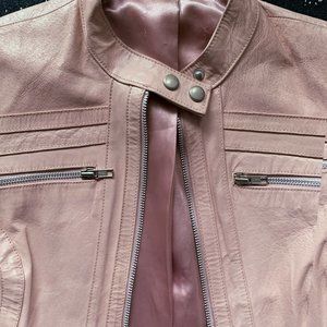 Cute Light Shell Pink Leather Moto Jacket, Small